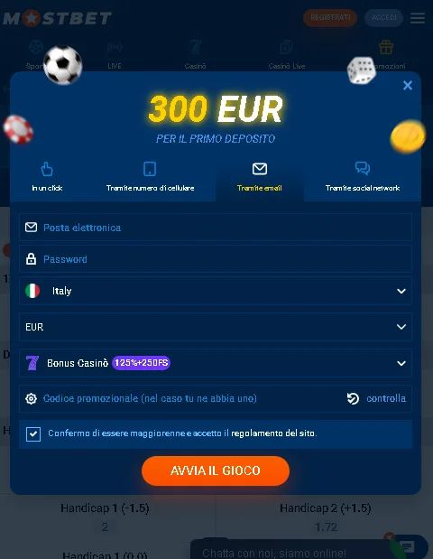 Registrazione nell'applicazione MostBet