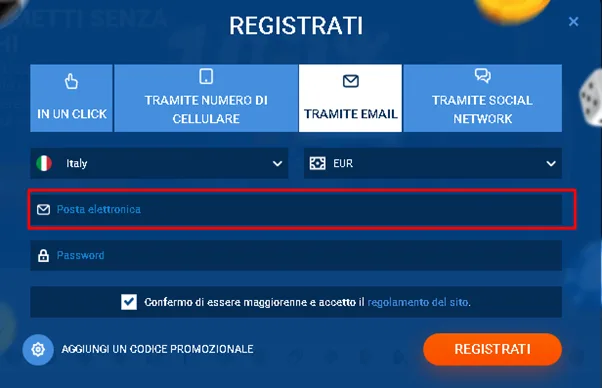 Modulo di registrazione sul sito MostBet