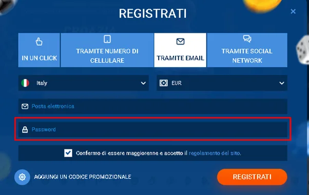 Inserendo la password al momento della registrazione su MostBet